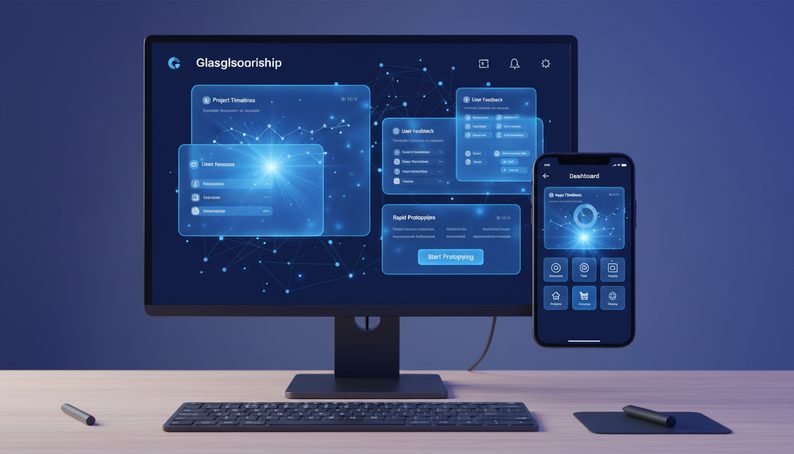 A dashboard interface shown across a monitor, tablet and phone